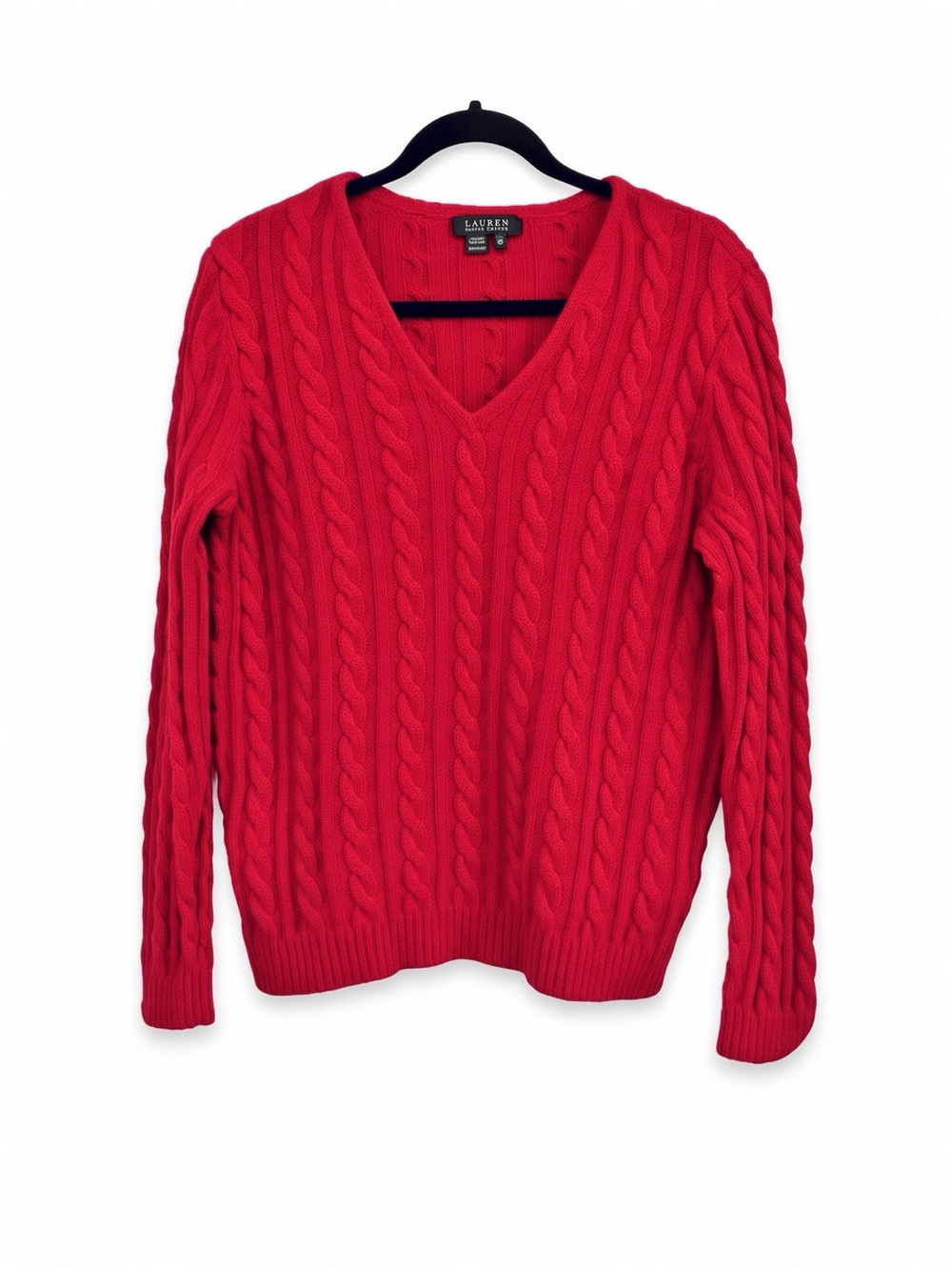 Lauren Ralph Lauren Cable Knit V-Neck Sweater 1X Tomato Red Cotton Vintage Y2K